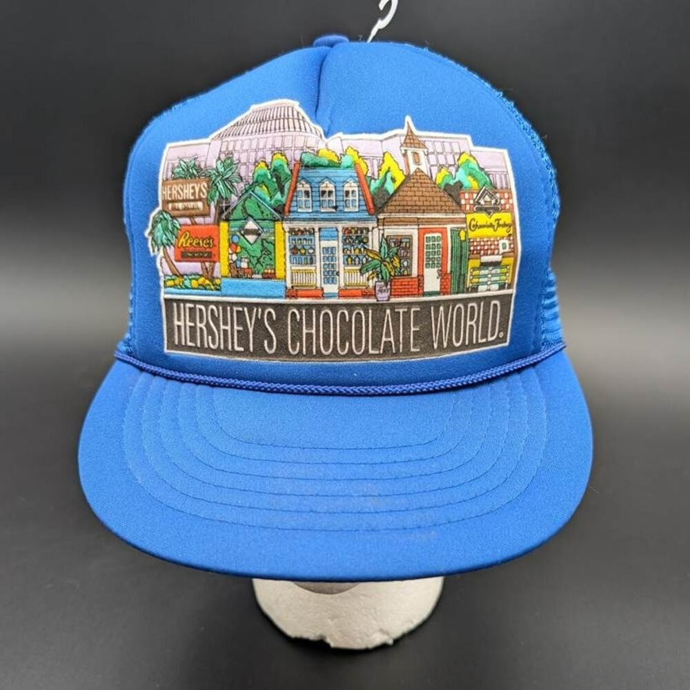Vintage Hersheys Chocolate World Trucker Hat Cap Blue Mesh Snapback 1980s Retro
